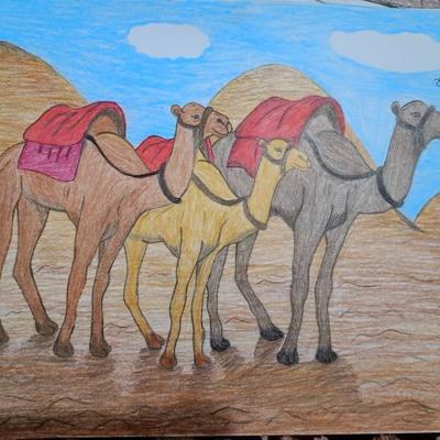 Artwork: لوحة فنية للطفلة إيناس الشامخ - قافلة إبل في الصحر
