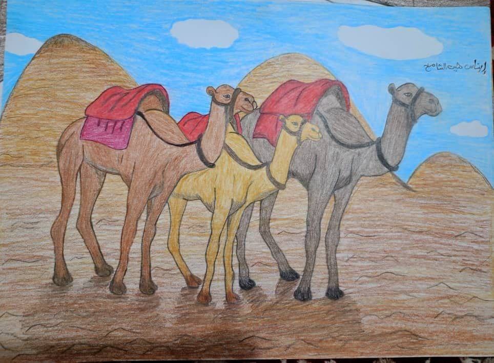 Artwork: لوحة فنية للطفلة إيناس الشامخ - قافلة إبل في الصحر